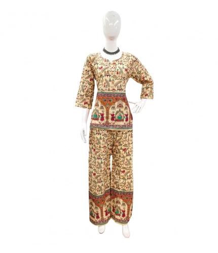 Generic Women's Cotton Jaipuri Printed 3-4th Sleeve Co ord Set (Multicolor)