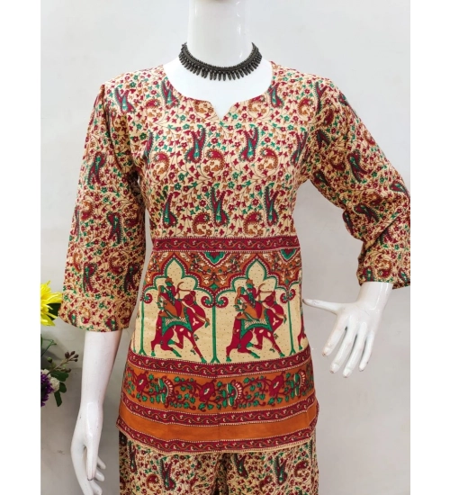 Generic Women's Cotton Jaipuri Printed 3-4th Sleeve Co ord Set (Multicolor)