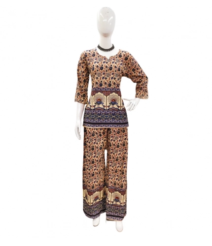 Generic Women's Cotton Jaipuri Printed 3-4th Sleeve Co ord Set (Multicolor)