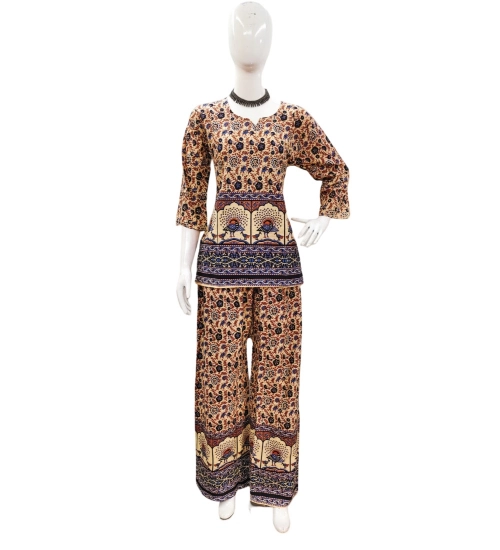Generic Women's Cotton Jaipuri Printed 3-4th Sleeve Co ord Set (Multicolor)