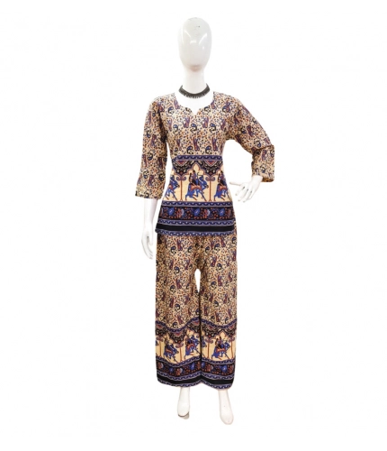 Generic Women's Cotton Jaipuri Printed 3-4th Sleeve Co ord Set (Multicolor)