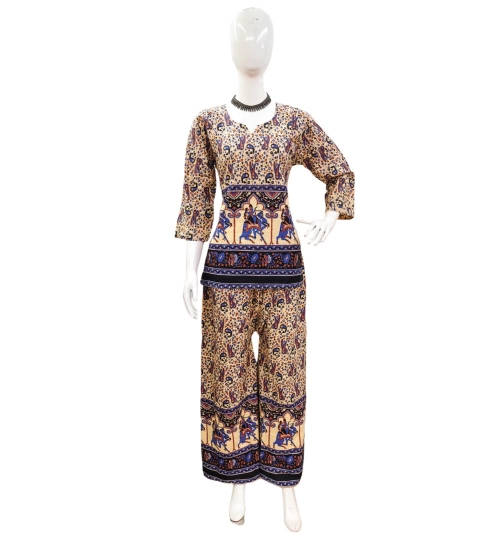 Generic Women's Cotton Jaipuri Printed 3-4th Sleeve Co ord Set (Multicolor)