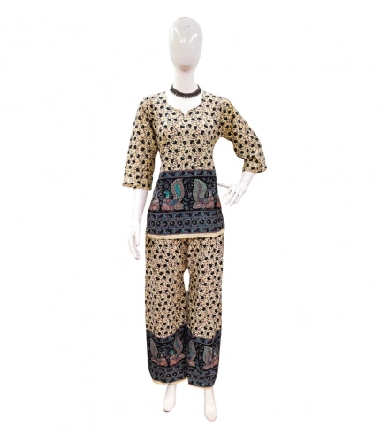 Generic Women's Cotton Jaipuri Printed 3-4th Sleeve Co ord Set (Multicolor)