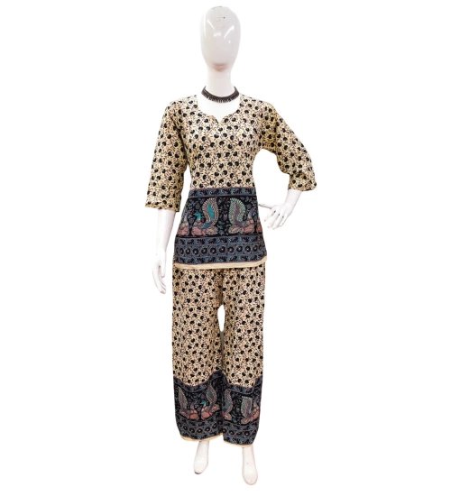 Generic Women's Cotton Jaipuri Printed 3-4th Sleeve Co ord Set (Multicolor)
