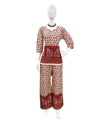 Generic Women's Cotton Jaipuri Printed 3-4th Sleeve Co ord Set (Multicolor)