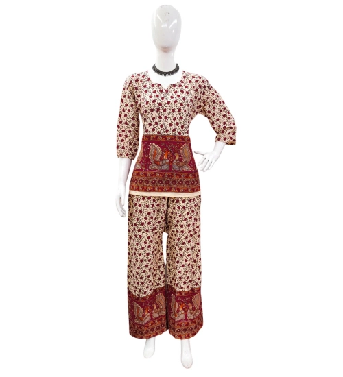 Generic Women's Cotton Jaipuri Printed 3-4th Sleeve Co ord Set (Multicolor)