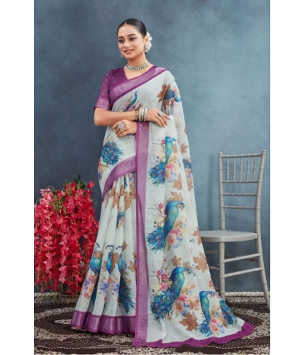 Generic Women's Linen Floral Printed Saree With Unstitched Blouse 5.5Mtr (Magenta)