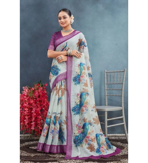 Generic Women's Linen Floral Printed Saree With Unstitched Blouse 5.5Mtr (Magenta)