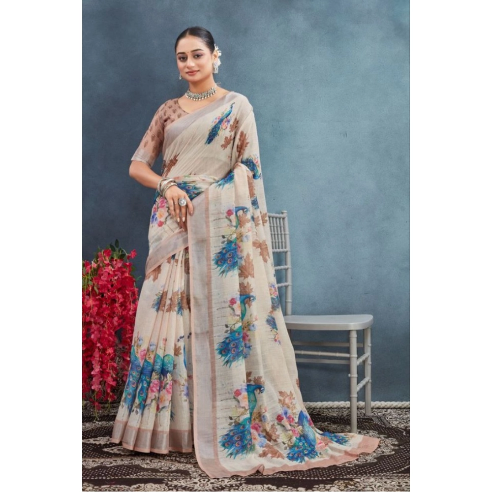 Generic Women's Linen Floral Printed Saree With Unstitched Blouse 5.5Mtr (Beige) Generic Women's Linen Floral Printed Saree With Unstitched Blouse 5.5Mtr (Beige)