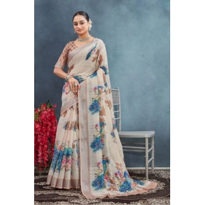 Generic Women's Linen Floral Printed Saree With Unstitched Blouse 5.5Mtr (Beige)