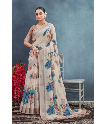 Generic Women's Linen Floral Printed Saree With Unstitched Blouse 5.5Mtr (Beige)