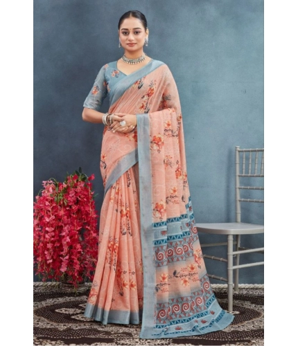 Generic Women's Linen Floral Printed Saree With Unstitched Blouse 5.5Mtr (Orange)