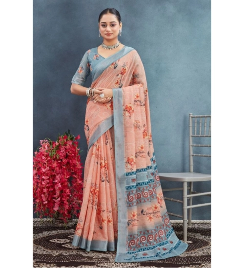 Generic Women's Linen Floral Printed Saree With Unstitched Blouse 5.5Mtr (Orange)