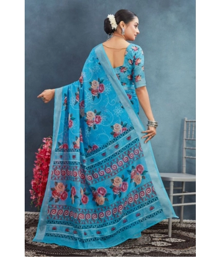 Generic Women's Linen Floral Printed Saree With Unstitched Blouse 5.5Mtr (Blue) Generic Women's Linen Floral Printed Saree With Unstitched Blouse 5.5Mtr (Blue)