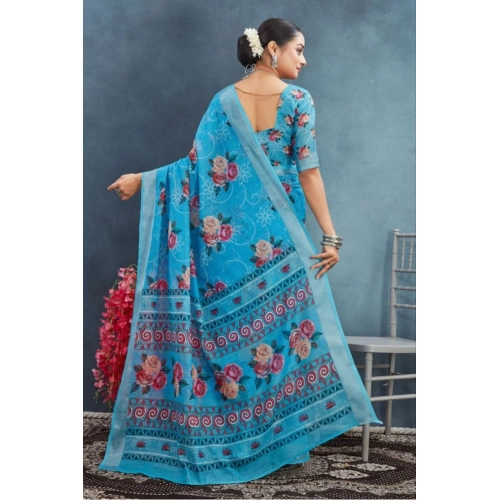 Women's Linen Floral Printed Saree With Unstitched Blouse 5.5Mtr (Blue)