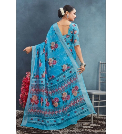 Generic Women's Linen Floral Printed Saree With Unstitched Blouse 5.5Mtr (Blue)