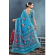Generic Women's Linen Floral Printed Saree With Unstitched Blouse 5.5Mtr (Blue)
