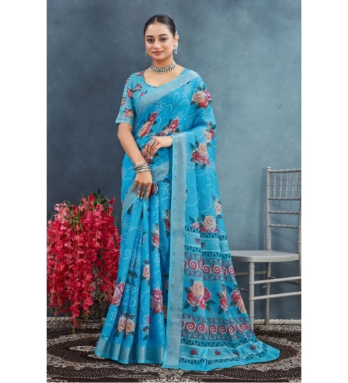 Generic Women's Linen Floral Printed Saree With Unstitched Blouse 5.5Mtr (Blue)