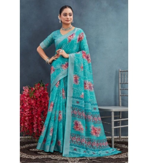 Generic Women's Linen Floral Printed Saree With Unstitched Blouse 5.5Mtr (Aqua)