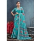 Generic Women's Linen Floral Printed Saree With Unstitched Blouse 5.5Mtr (Aqua)