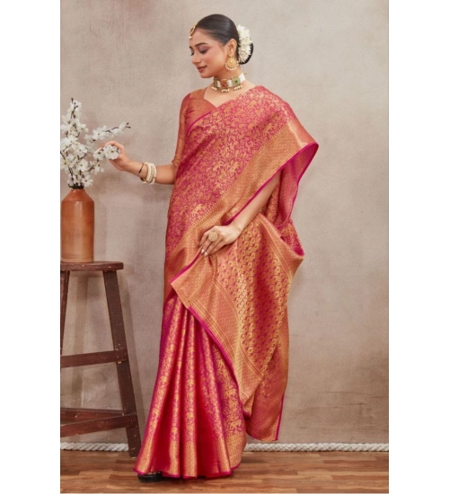 Generic Women's Silk Blend Floral Printed Saree With Unstitched Blouse 5.5Mtr (Pink)