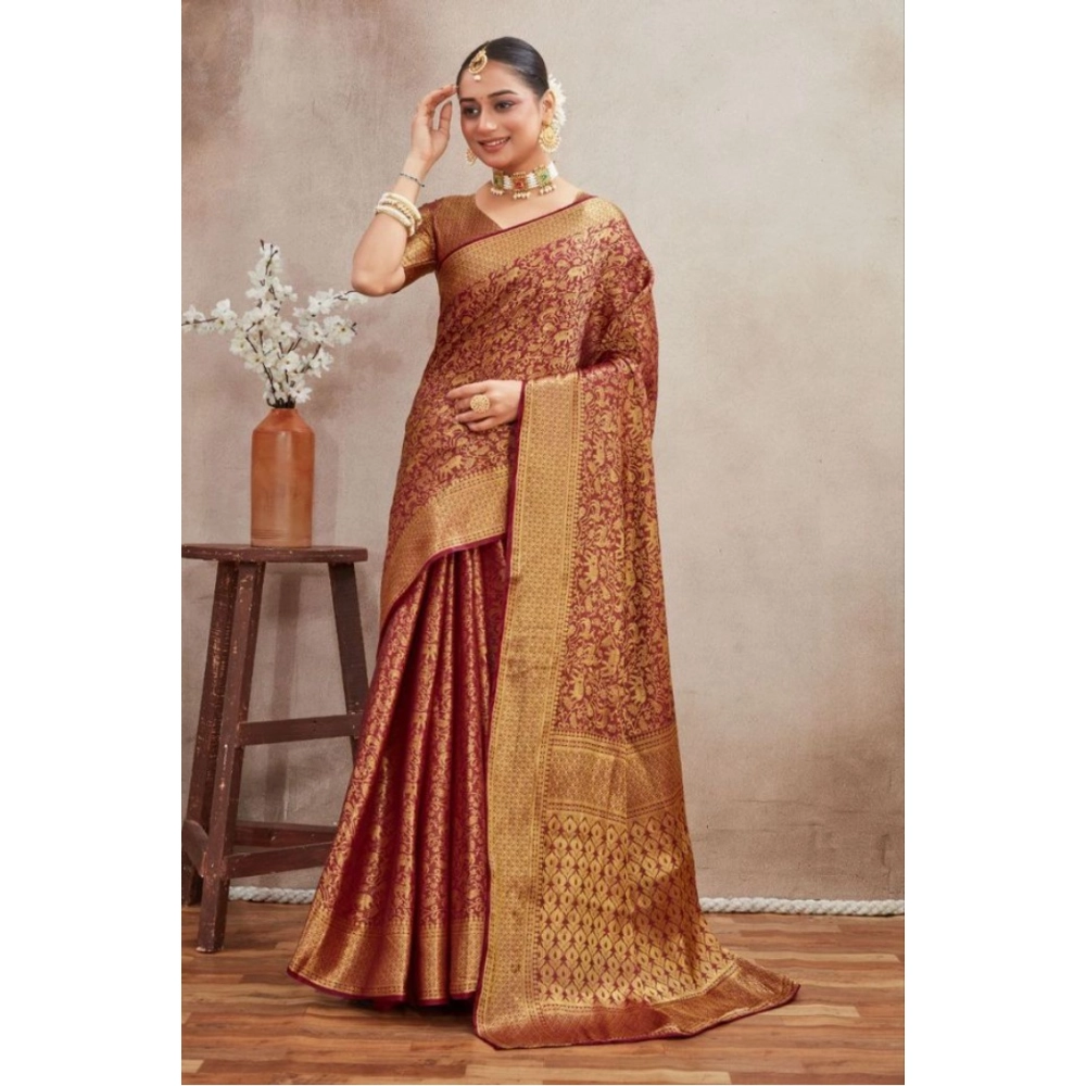 Generic Women's Silk Blend Floral Printed Saree With Unstitched Blouse 5.5Mtr (Brown)