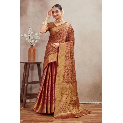 Women's Silk Blend Floral Printed Saree With Unstitched Blouse 5.5Mtr (Brown)