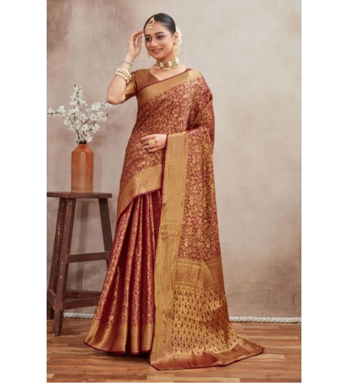 Generic Women's Silk Blend Floral Printed Saree With Unstitched Blouse 5.5Mtr (Brown)