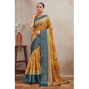Generic Women's Crepe Silk Printed Saree With Unstitched Blouse 5.5Mtr (Mustard)