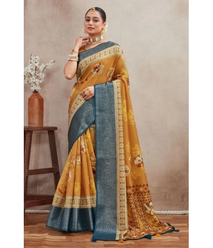 Generic Women's Crepe Silk Printed Saree With Unstitched Blouse 5.5Mtr (Mustard)