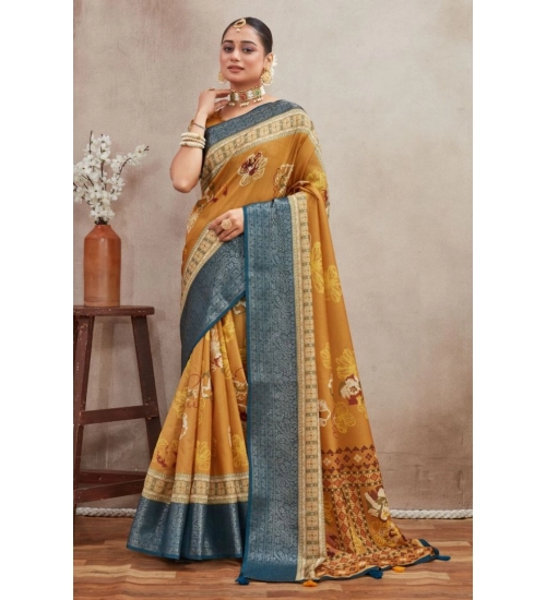 Generic Women's Crepe Silk Printed Saree With Unstitched Blouse 5.5Mtr (Mustard)
