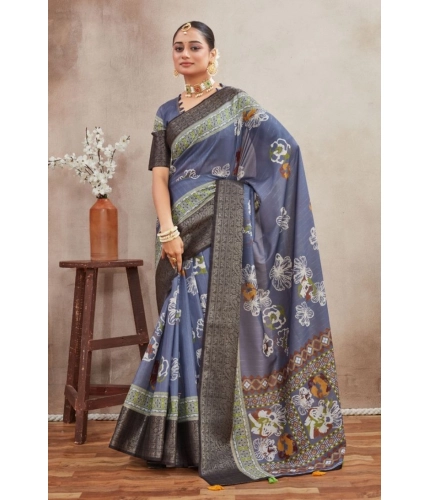 Generic Women's Crepe Silk Printed Saree With Unstitched Blouse 5.5Mtr (Grey)