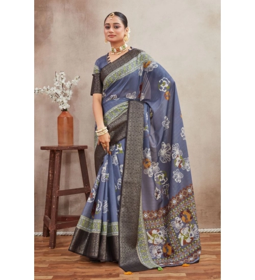 Generic Women's Crepe Silk Printed Saree With Unstitched Blouse 5.5Mtr (Grey)