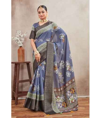 Generic Women's Crepe Silk Printed Saree With Unstitched Blouse 5.5Mtr (Grey)
