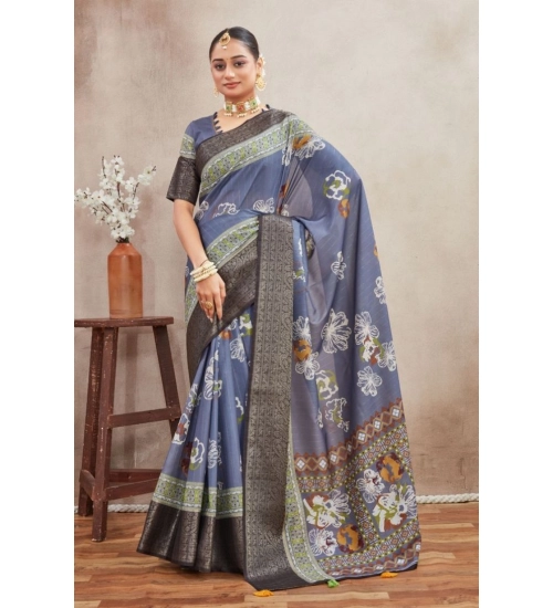 Generic Women's Crepe Silk Printed Saree With Unstitched Blouse 5.5Mtr (Grey)