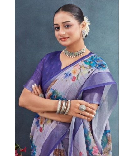 Generic Women's Linen Floral Printed Saree With Unstitched Blouse 5.5Mtr (Purple) Generic Women's Linen Floral Printed Saree With Unstitched Blouse 5.5Mtr (Purple)
