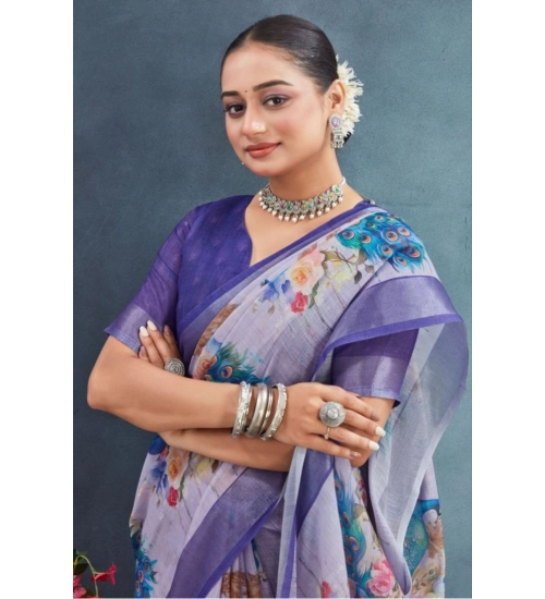 Generic Women's Linen Floral Printed Saree With Unstitched Blouse 5.5Mtr (Purple)