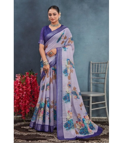 Generic Women's Linen Floral Printed Saree With Unstitched Blouse 5.5Mtr (Purple)