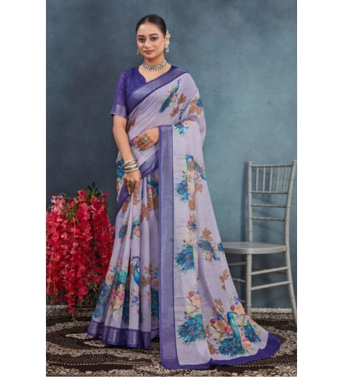 Generic Women's Linen Floral Printed Saree With Unstitched Blouse 5.5Mtr (Purple)