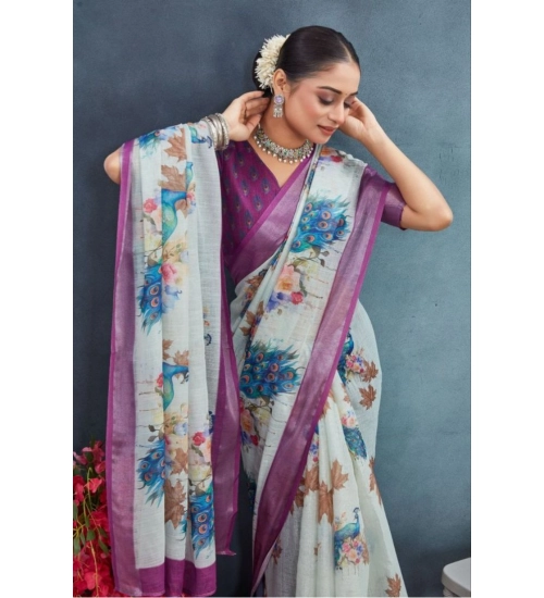 Generic Women's Linen Floral Printed Saree With Unstitched Blouse 5.5Mtr (Magenta)