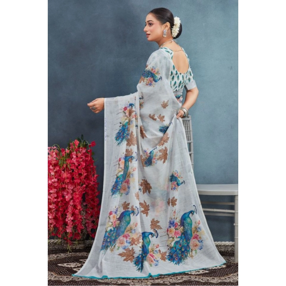 Generic Women's Linen Floral Printed Saree With Unstitched Blouse 5.5Mtr (Off-White)