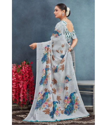 Generic Women's Linen Floral Printed Saree With Unstitched Blouse 5.5Mtr (Off-White) Generic Women's Linen Floral Printed Saree With Unstitched Blouse 5.5Mtr (Off-White)