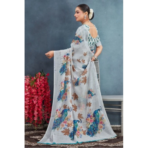 Women's Linen Floral Printed Saree With Unstitched Blouse 5.5Mtr (Off-White)