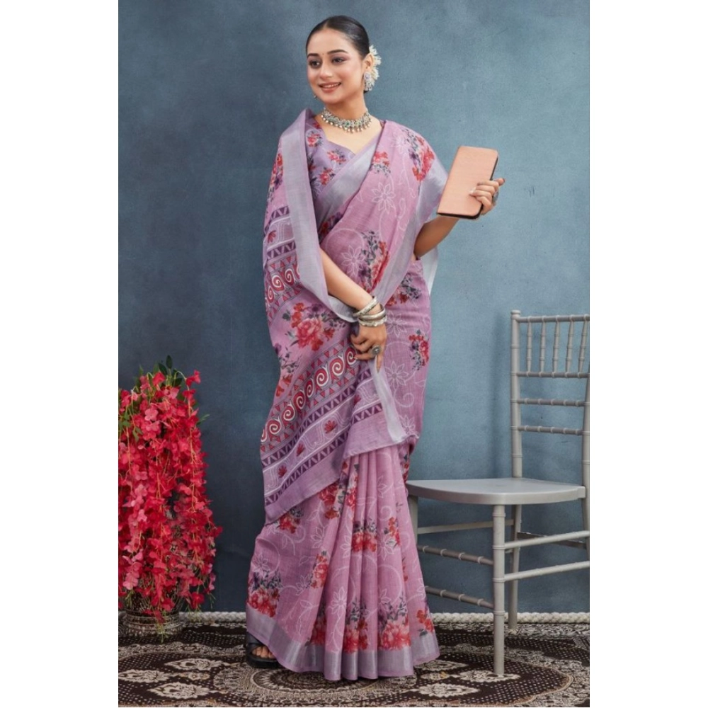 Generic Women's Linen Floral Printed Saree With Unstitched Blouse 5.5Mtr (Purple)