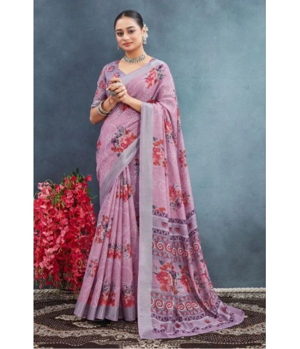Generic Women's Linen Floral Printed Saree With Unstitched Blouse 5.5Mtr (Purple)