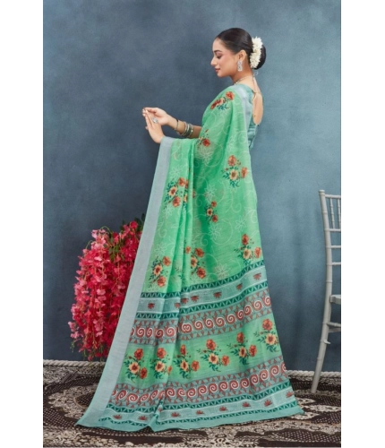 Generic Women's Linen Floral Printed Saree With Unstitched Blouse 5.5Mtr (Green) Generic Women's Linen Floral Printed Saree With Unstitched Blouse 5.5Mtr (Green)