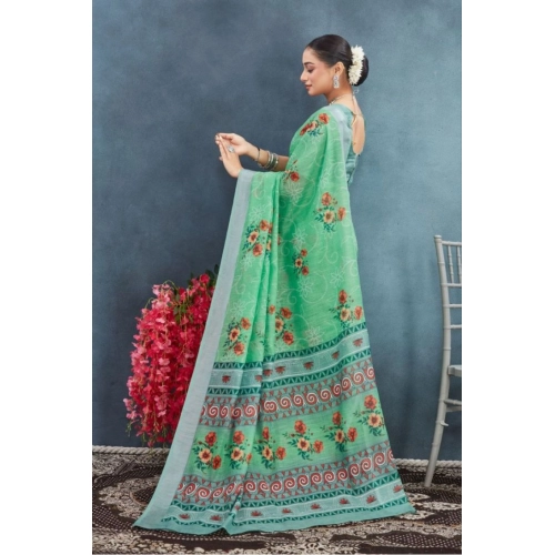 Women's Linen Floral Printed Saree With Unstitched Blouse 5.5Mtr (Green)