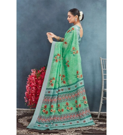 Generic Women's Linen Floral Printed Saree With Unstitched Blouse 5.5Mtr (Green)