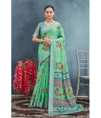 Generic Women's Linen Floral Printed Saree With Unstitched Blouse 5.5Mtr (Green)