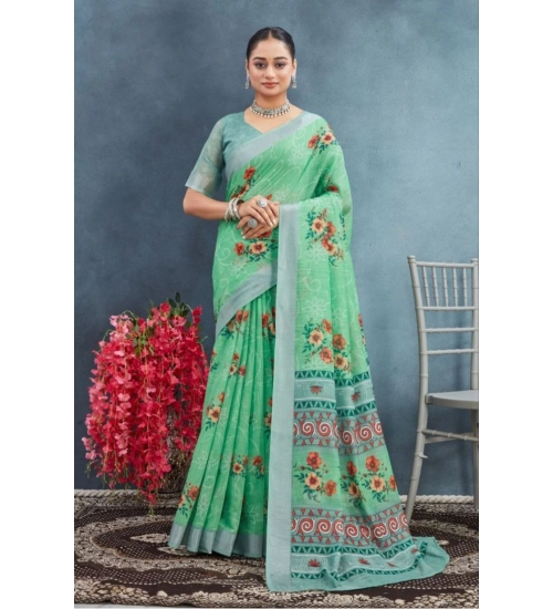 Generic Women's Linen Floral Printed Saree With Unstitched Blouse 5.5Mtr (Green)